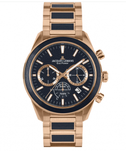 Eco Power watch with solid stainless steel IP-rosé case, hardened crystex crystal glass, solar movement, and 10 ATM water resistance, 44mm size with stainless steel and AppleSkin strap.