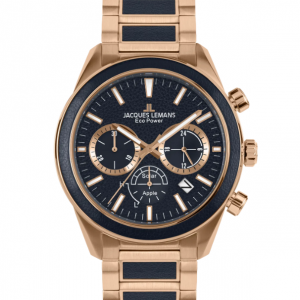 Eco Power watch with solid stainless steel IP-rosé case, hardened crystex crystal glass, solar movement, and 10 ATM water resistance, 44mm size with stainless steel and AppleSkin strap.